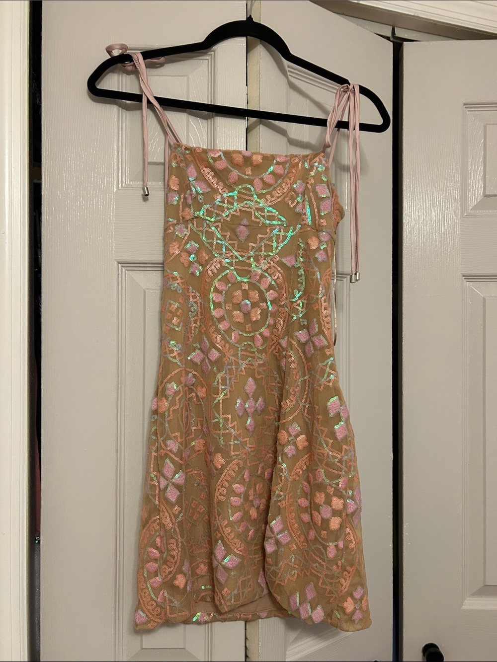 Free People-Pink Sequin Tie-Shoulder Dress